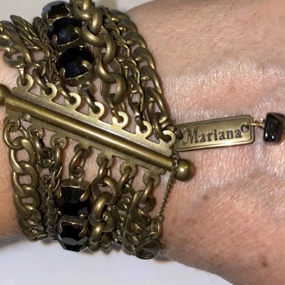 MARIANA LAYERED CHAIN STRAND BRACELET WITH BLACK CRYSTALS - ANTIQUE